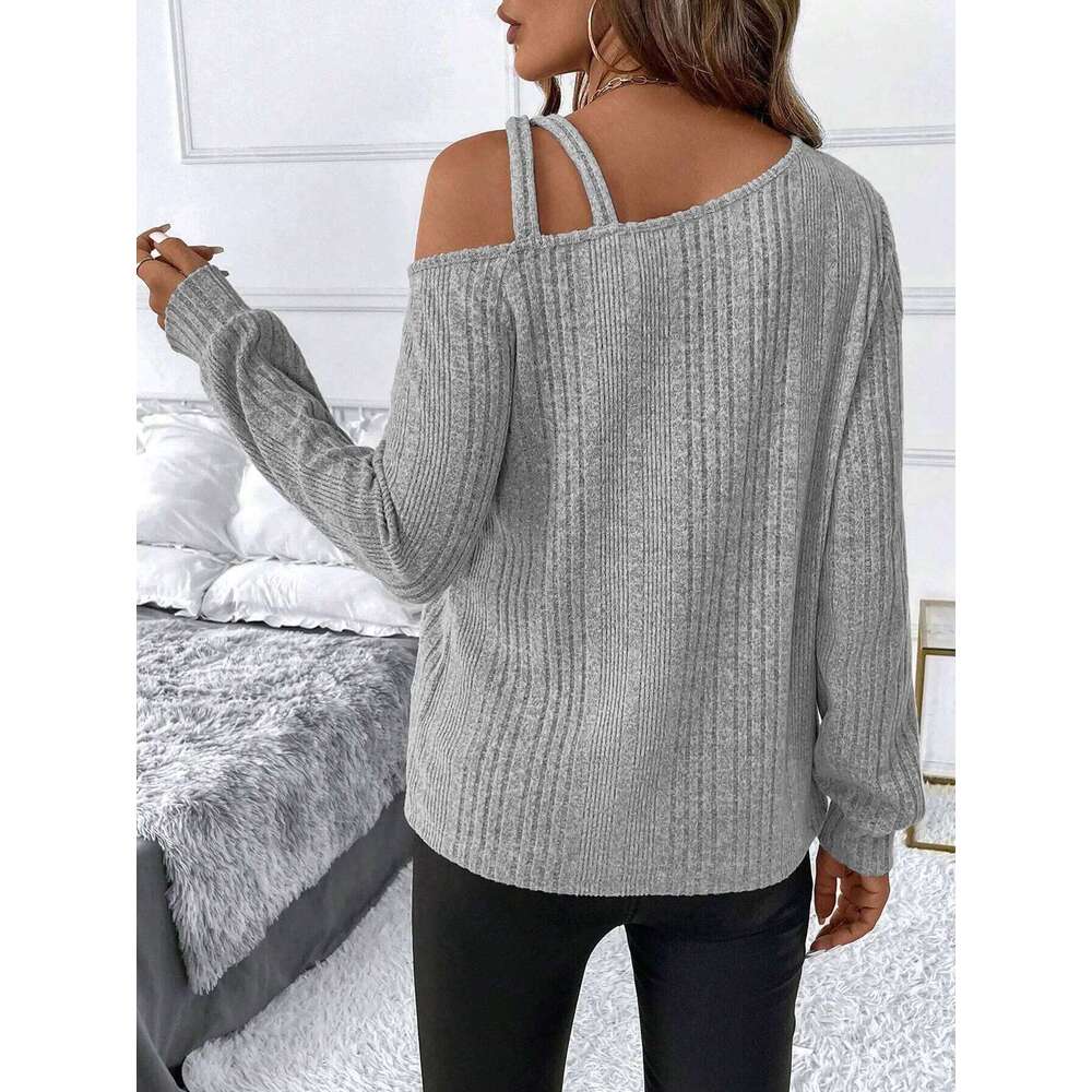 Women's Ribbed off-the-shoulder neck thermal-lined pullover sweater, suitable for daily wear in autumn and winter. Z260313