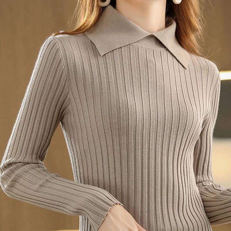 Women Korean Fashion Elegant Polo Collar Ribbed Knitted Sweater Autumn Winter Solid Long Sleeve Slim Pullover Tops Basic Jumper Z260313