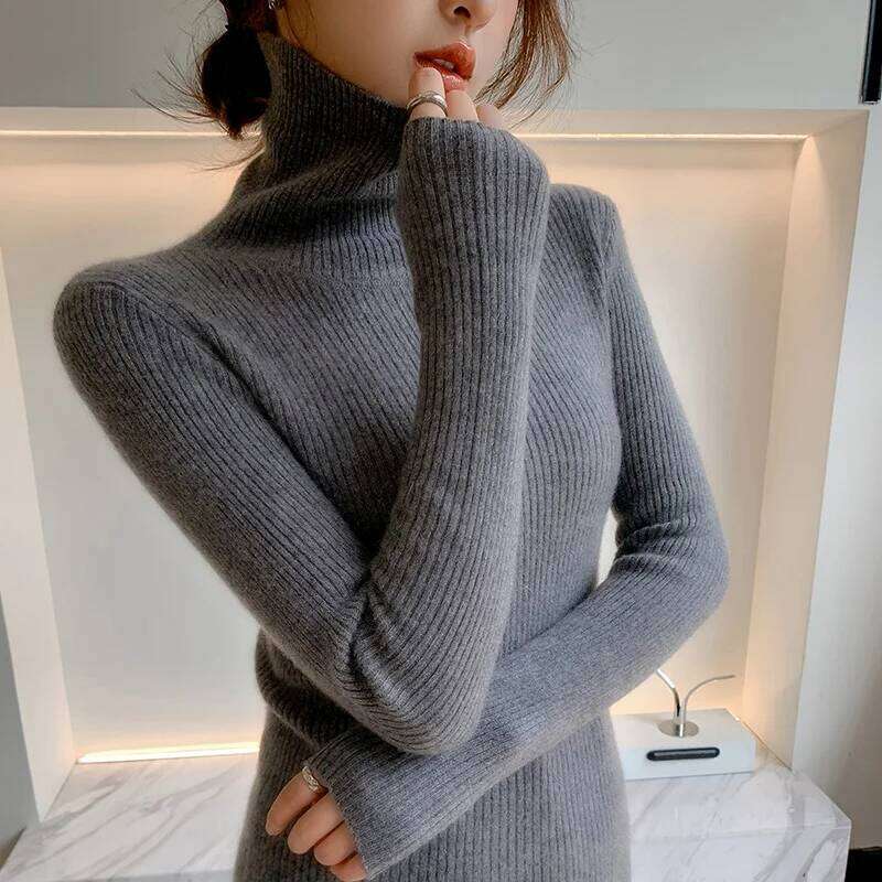100% knitted pullover high neck solid color slim fit soft cashmere basic women's sweater Z260313