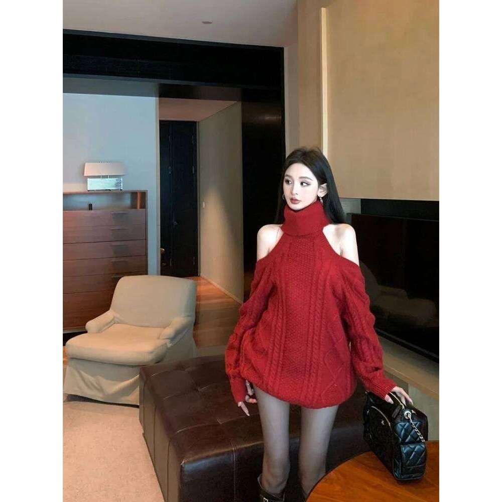Autumn and Winter Fashion New Women's Elegant Knitted Sweater Loose, Warm, Thickened Design Sense High Neck Off Shoulder Hoodie Z260314