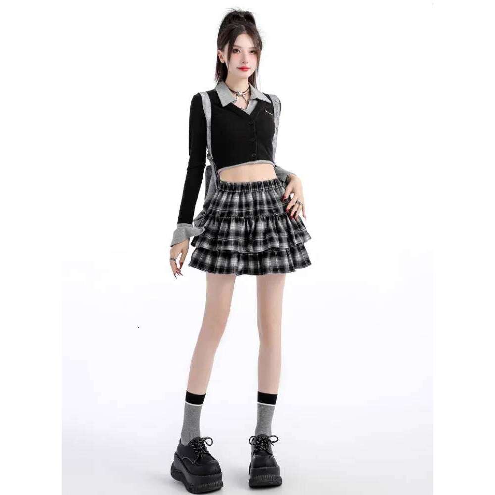 Plaid Mini Skirts Women Autumn Winter Color-block Tierred Ruffles Elastic Waisted A-line Cake Skirt Streetwear Korean Style Z260314