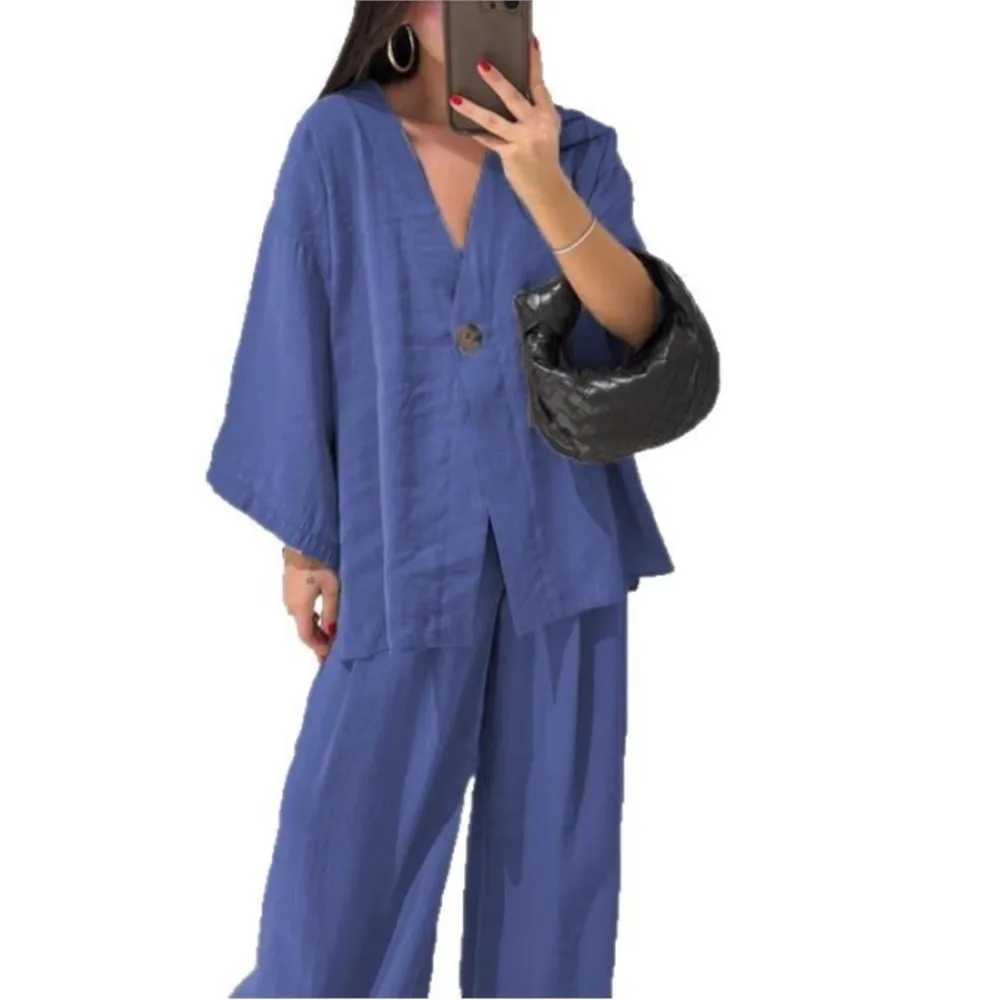 WomenS Classic Solid Wide Leg Pants Suits Summer Fashion V Neck One Button Loose Blouse Sets Casual Female Daily Streetwear2025 M260313