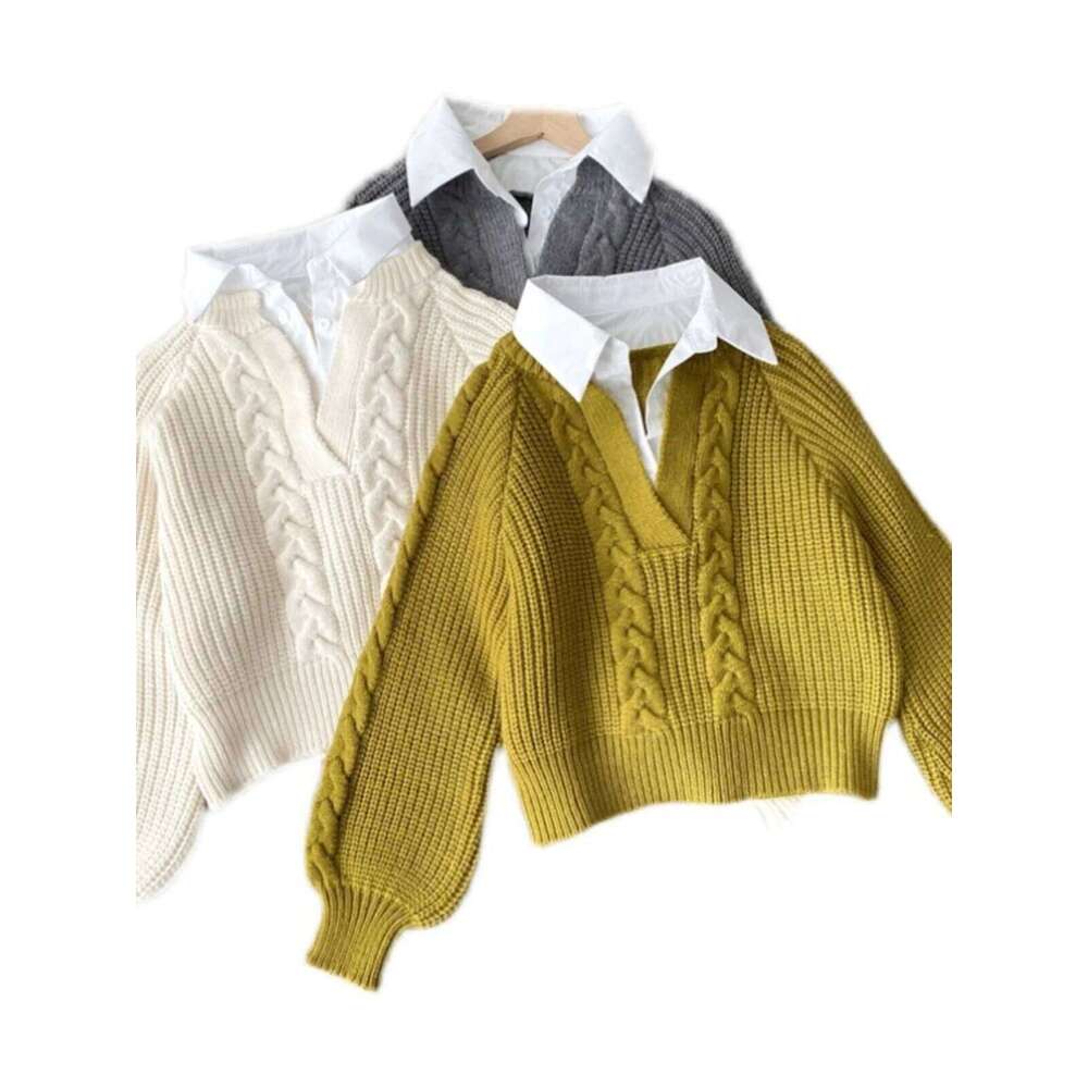 Fake Two Shirts Splicing Sweater Women's Spring Autumn New Contrast Color Design Sense Flip Collar Loose Outer Knitted Top Z260313