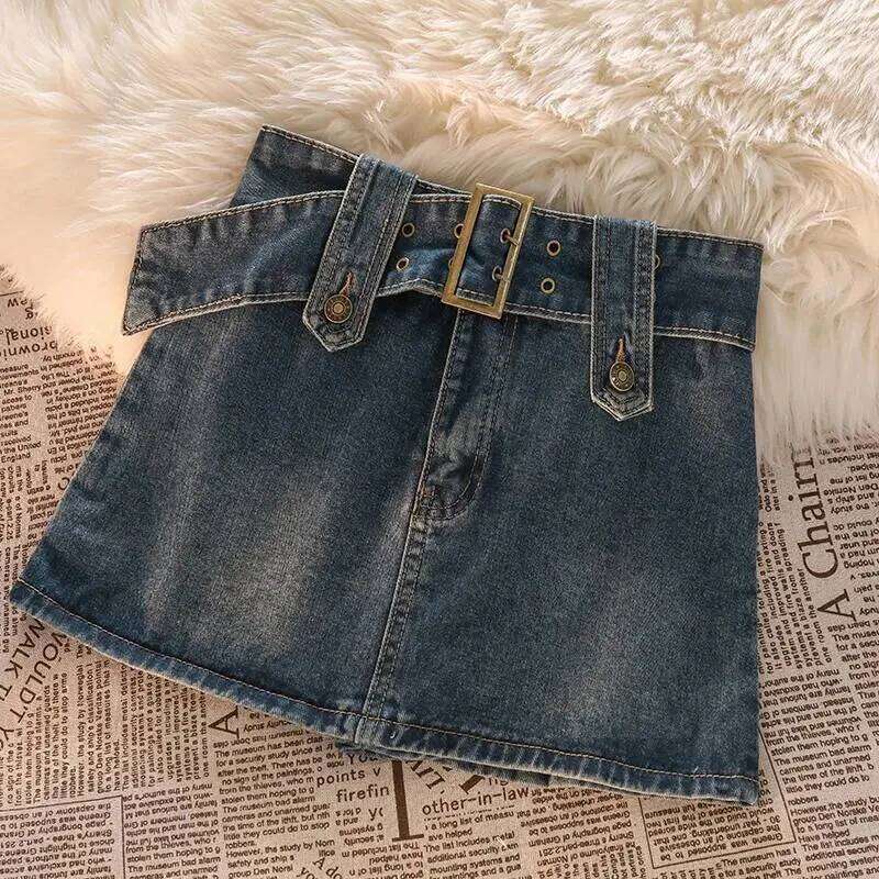 Gidyq Vintage Denim Mini Women Summer Sexy Solid Belt Jeans Female Casual Ball Gown Korean Slim A Line Skirts Z260314