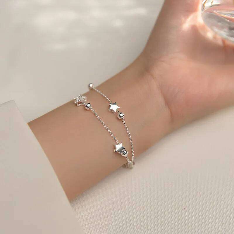 VENTFILLE 925 Stamp Silver Color Star Fashion Korean Five-pointed Stars Crystal Double Bracelet Dropshipping Wholesale Z260313
