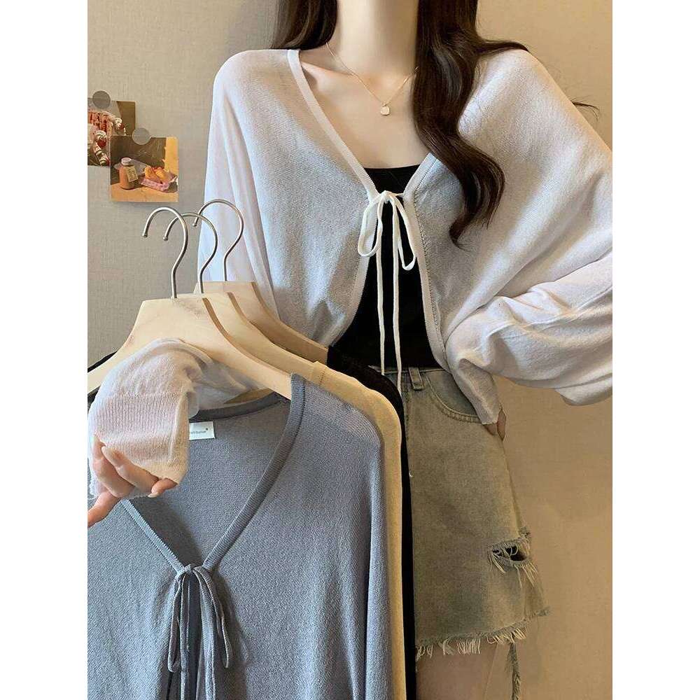Thin Black Ice Silk Sun Protection Cardigan for Women Knitwear Summer Cover Up Large Size Lazy Sleeve Shawl Strap Outerwear Top Z260314