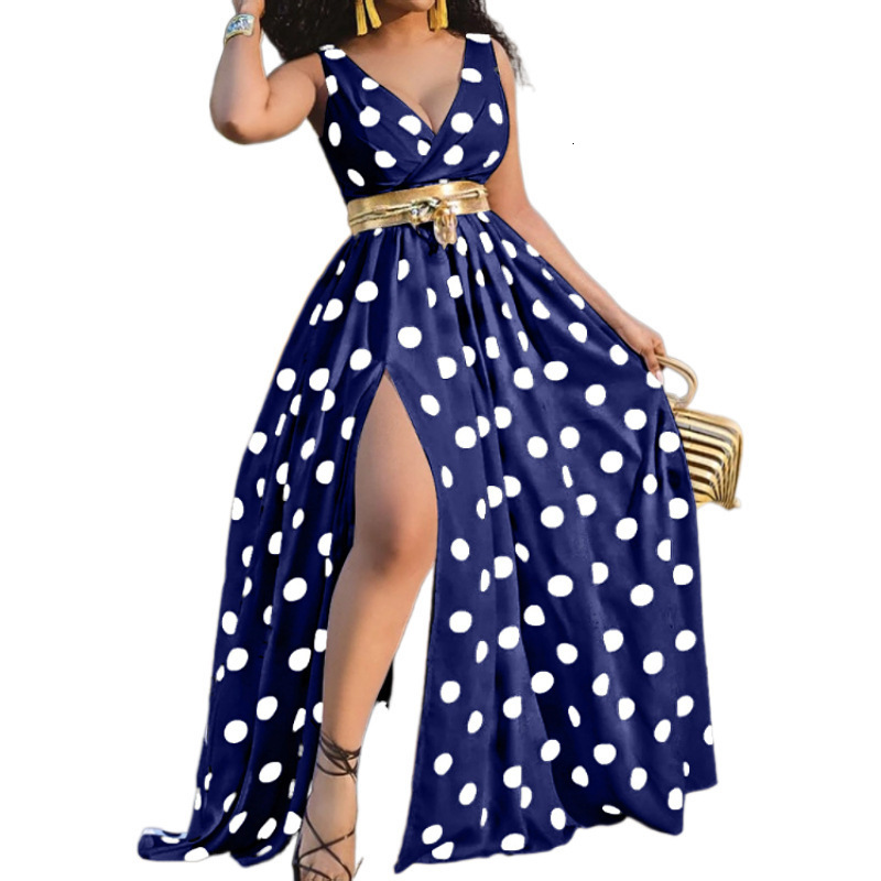 Dress women long sleeve one shoulder dolka dot pint summer elegant plus size maxi dress white evening party club clothes 210515