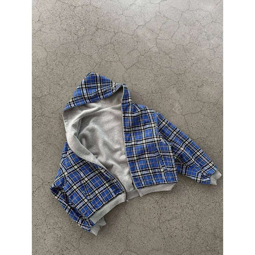 American Double-Sided Plaid Loose Zipper Hoodie Men Y2K New Harajuku Hip-Hop Gothic Couple Casual Joker Sweatshirt Street Wear Z260314