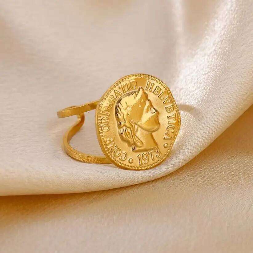 Stainless Steel Round Portrait Open Rings For Women Gold Color Adjustable Wedding Aesthetic Ring Party Fashion Jewerly Gift BFF H260312