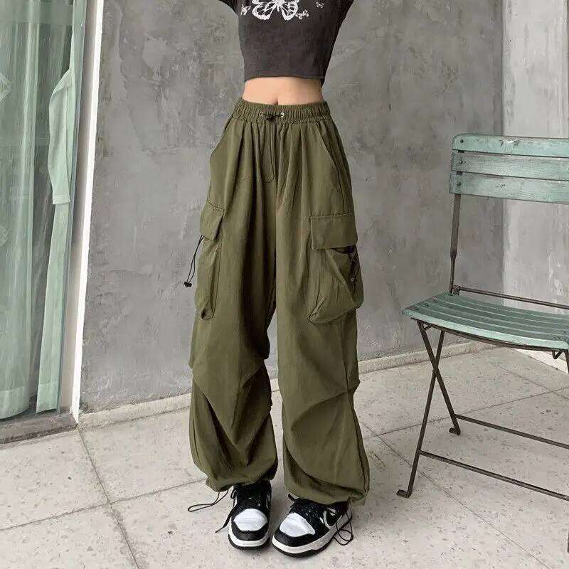 Women Casual Cargo Solid Low Waist Joggers Tech Pants Drawstring Wide Leg Baggy Trousers Y2K Streetwear Sweatpants