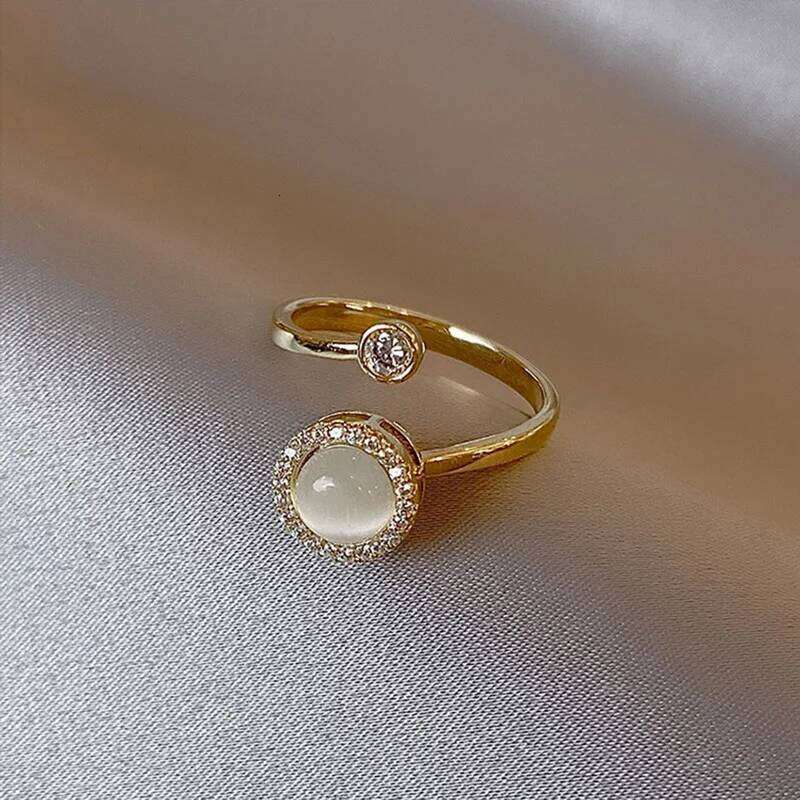 Korea Opal Rotating Anxiety Rings For Women Gold Color Zircon Wedding Ring Adjustable Girls Anti Stress Fidget Jewelry Gift H260312