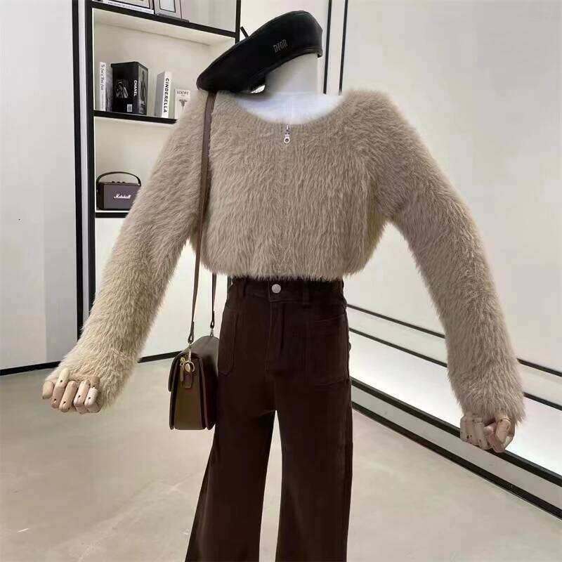Fashion Korean Style Autumn Women Long Sleeve O-neck Zipper Knit Sweater Spring Solid Sexy Short Top Elegant Fluffy Knitwear Z260313