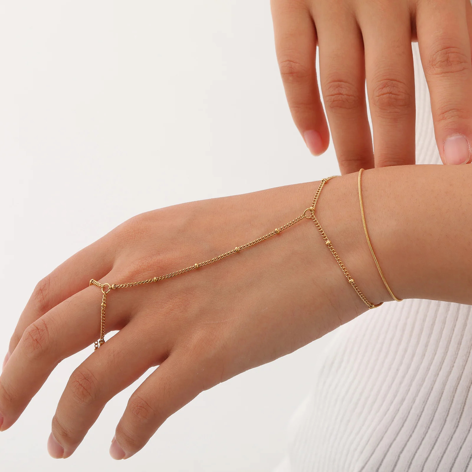 Stainless Steel Pearl Finger Ring Charms Bracelets for Women Bead chain zircon Mittens Tassel Bracelet Jewelry Gifts 260313