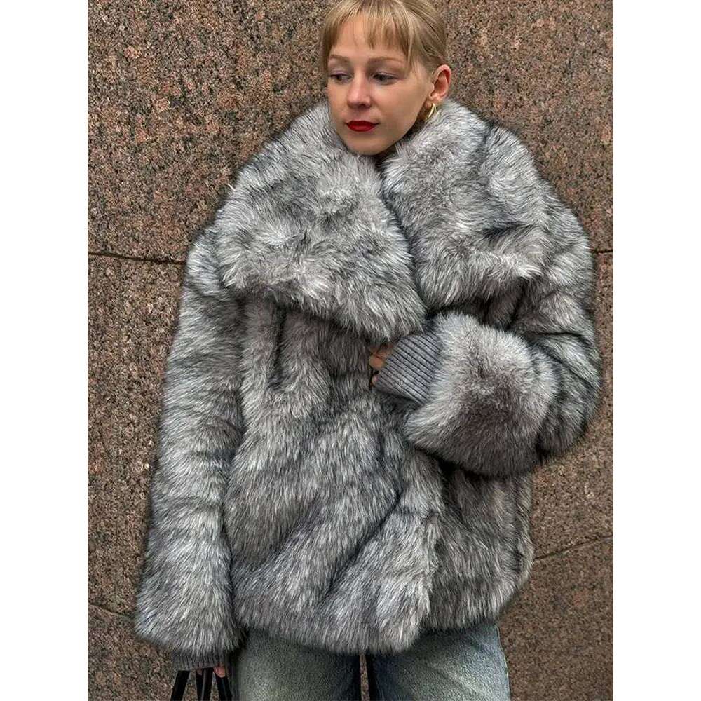 Faux Women's Turn-Down Collar Long Sleeve Elastic Cuff Plush Fluffy Female Coat Fashion Autumn Loose Fur For Ladies Z260313