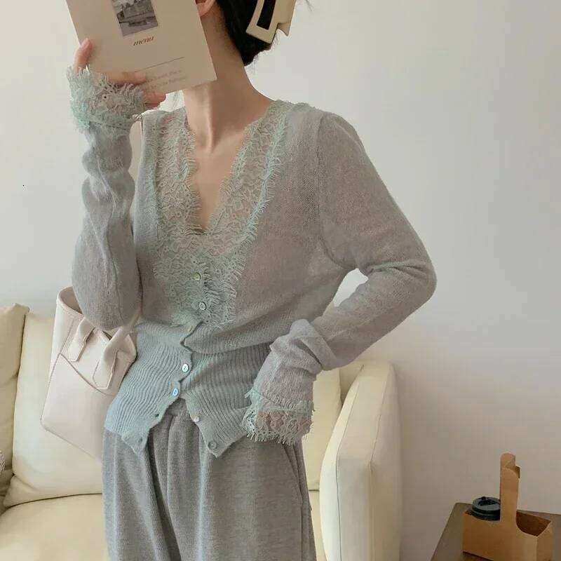 Seoulish Vintage Lace Knitted Cardigans for Women 2024 New Autumn Winter Solid Casual Slim Korean Style Ladies Tops Female Z260313