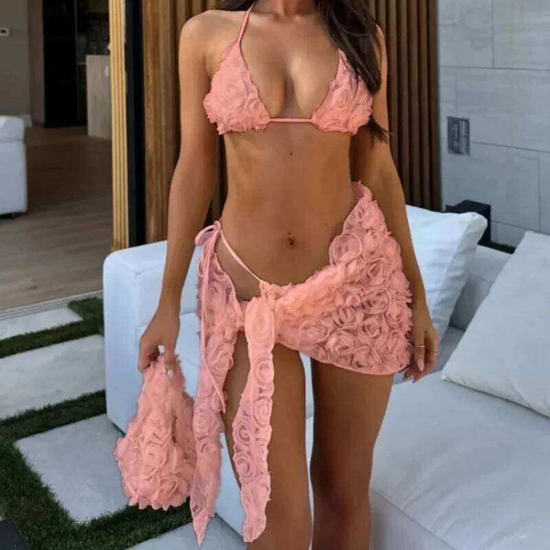 Set Women 2 Piece Swimsuit Chic Floral Sexy Triangle Halter Micro Bikini Bandage Cover Up 2025 New Beachwear Bathing Suit Y260303