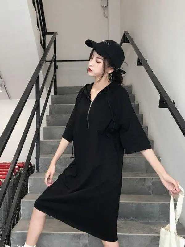 plus Size Womens Dr 300 Pou Summer New Korean Loose Slimming Five-Quarter Sve Hooded Mid-Length Skirt PolyesterT260314