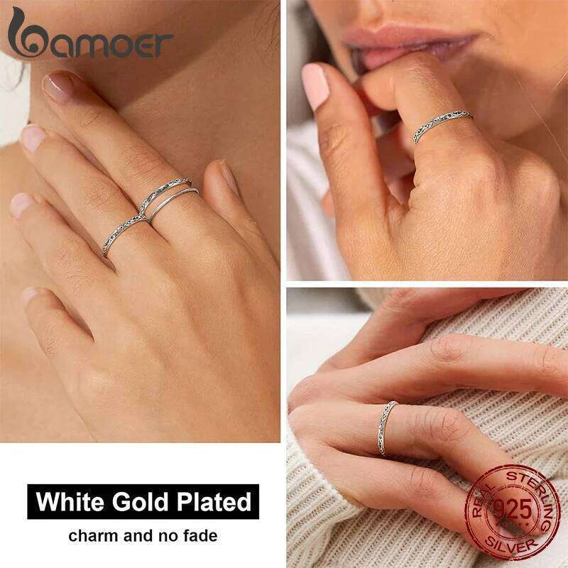 BAMOER 925 Sterling Silver Vintage Embossed Vine Pattern Band for Women, Stackable Engraved Iris Ring Minimalist Daily Gift H260312