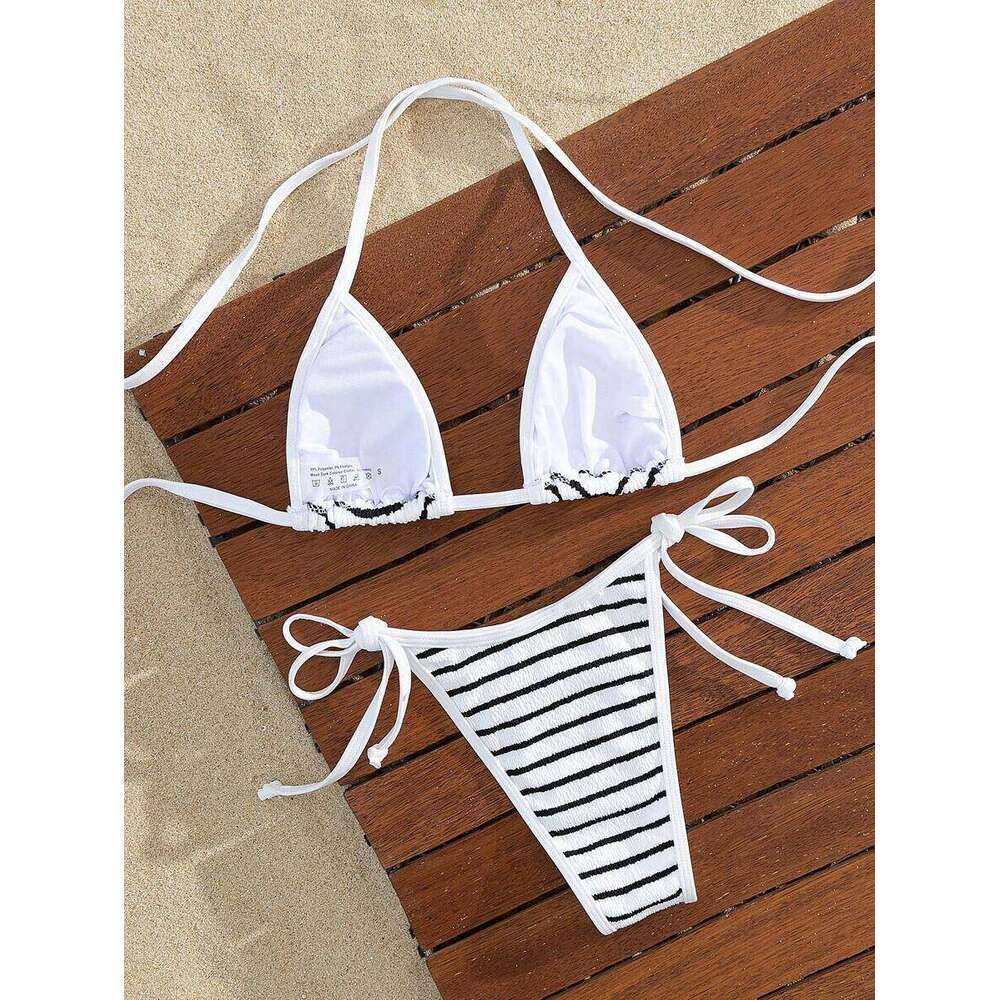 Swim Mod Women's Elegant Stripe Textured Halter Triangle Set, 2026 Animal Figure-Flattering High Cut Cheeky Two Pieces Swimwear With Self-Tie Str
