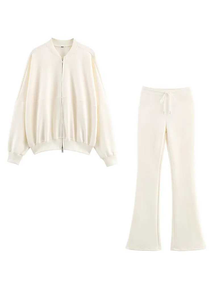 HH Women Elegant Solid Flared Pants Sets Long Sleeve Bomber Jackets Drawstring Trousers Autumn Women Casual Jogging Pant Suits M260313