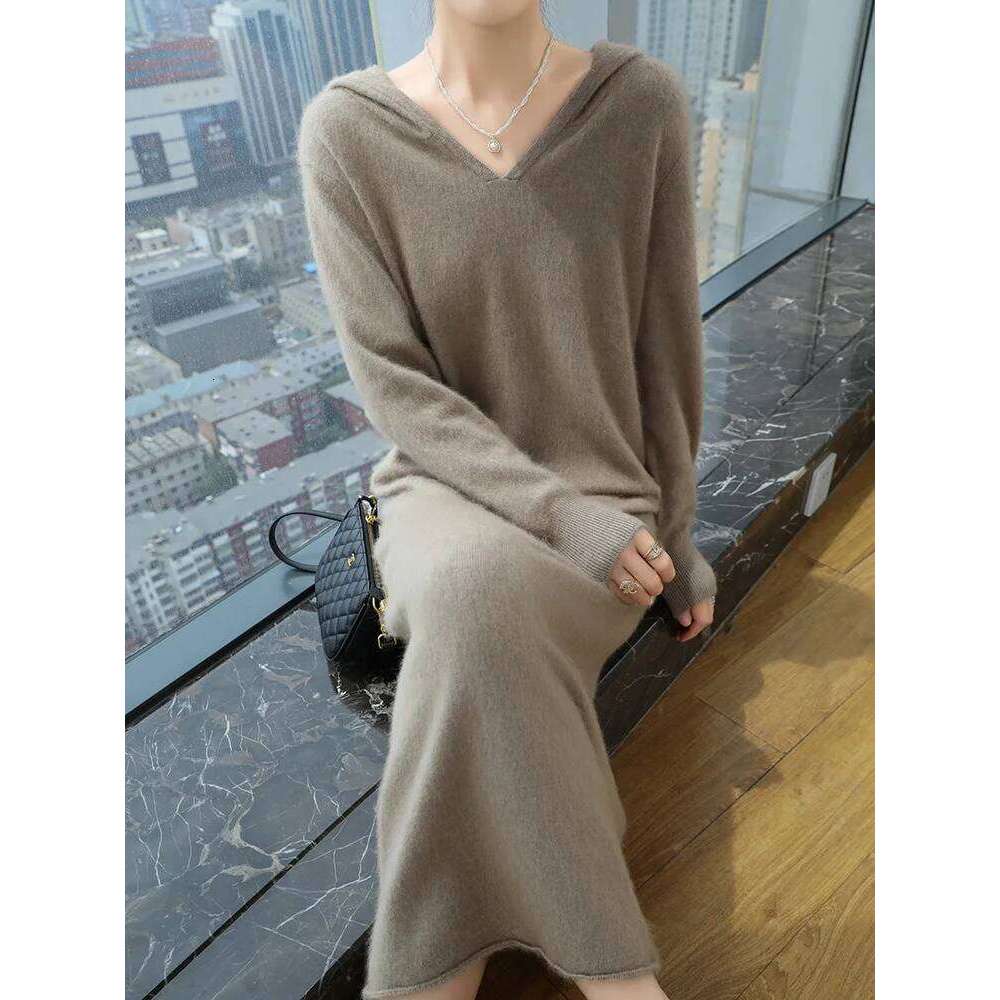 TLOML Women's 100% Mink Hoodie Pullover Casual Style Autumn Winter Solid Soft Warm Cashmere Knitted Long Dress Z260313