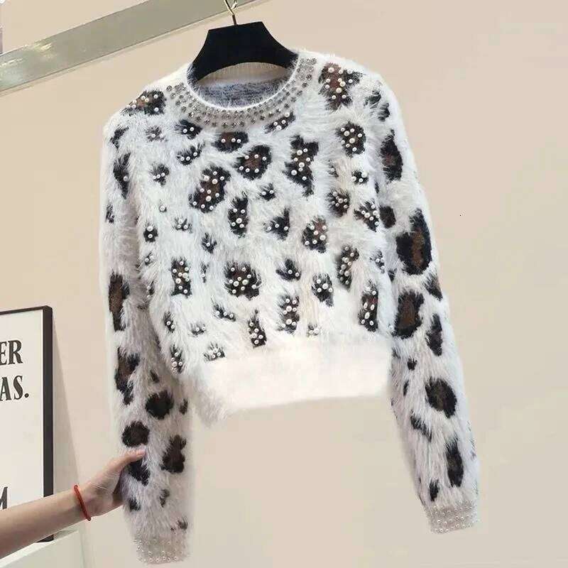 Leopard Pearls Vintage Mink Knit O-Neck Long Sleeve Pullover Women's Sweater Female Sweaters Tops Woman Clothing Fashion 2025 Z260314