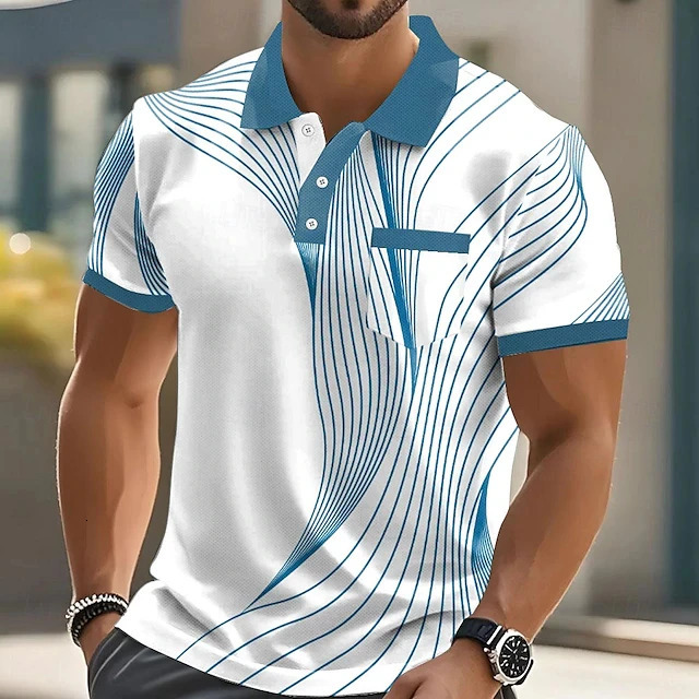 Summer Fashion Short Sleeve Mens Polo Shirts Stripe 3d Print Lapel Man Top High Quality Oversized Male Shirt Casual Clothing 260312