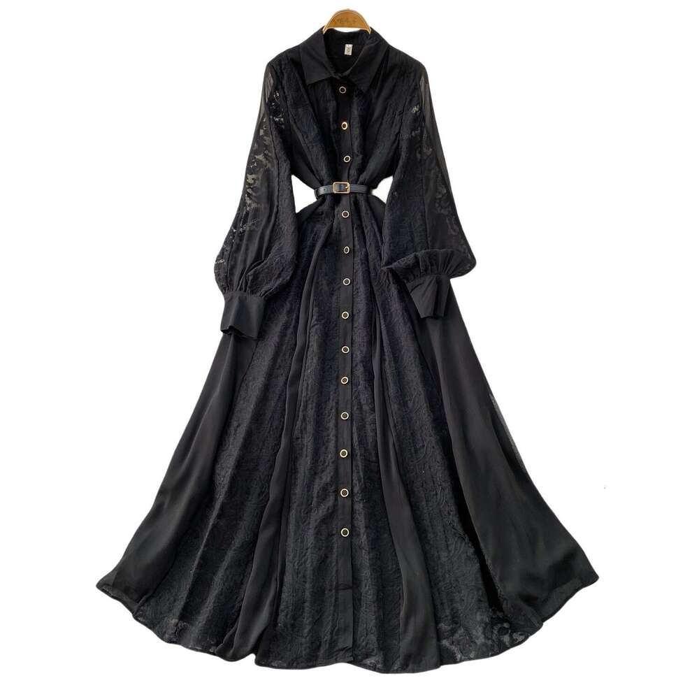 Designer French retro lace embroidered dress with lapel and lantern sleeves for women's spring and autumn single breasted design