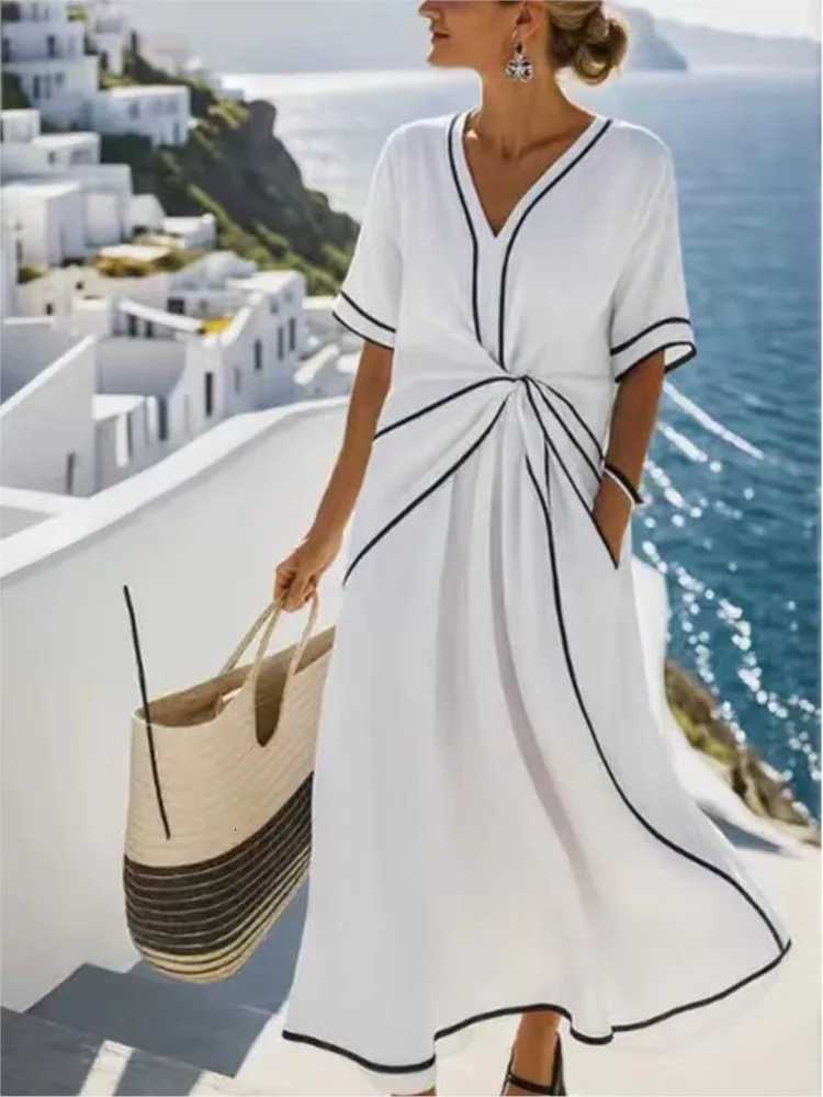 Woman Boho Loose Dress Striped Print Folds Maxi Dresses 2025 Spring Summer Casual V Neck Short Sleeve Vacation Beach Long DressT260314