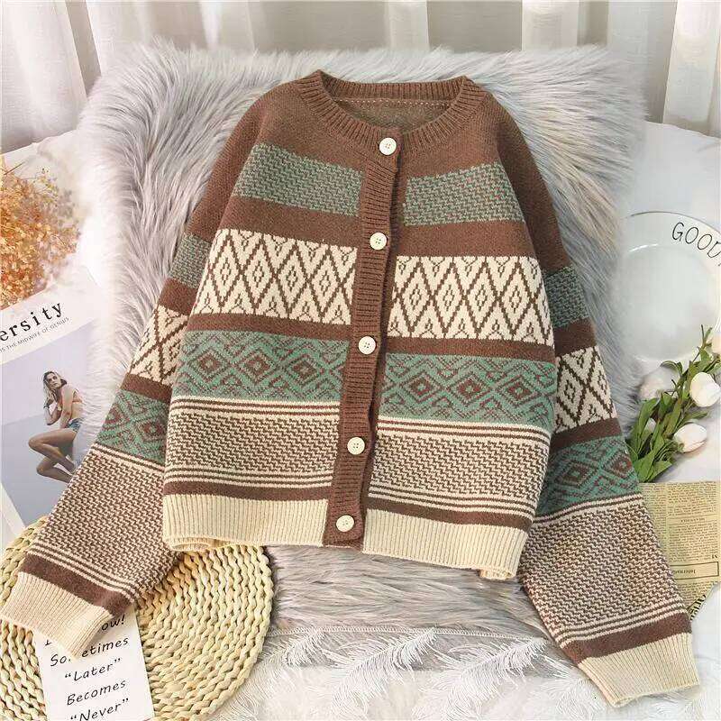 Striped Panelled Cardigan Women Vintage Design Casual Retro All-match Females Aesthetic Stylish Temperament Sweaters Clothing Z260313