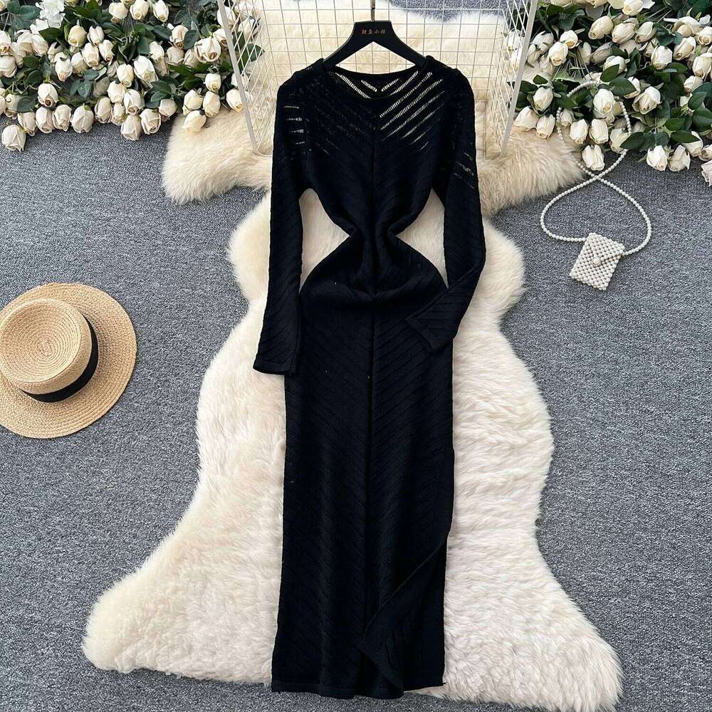 REALEFT Vintage High Waist Hollow Out Knitted Women's Dresses Long Sleeve O-neck Straight Side Split Wrap Dress Female 2025 Z260313