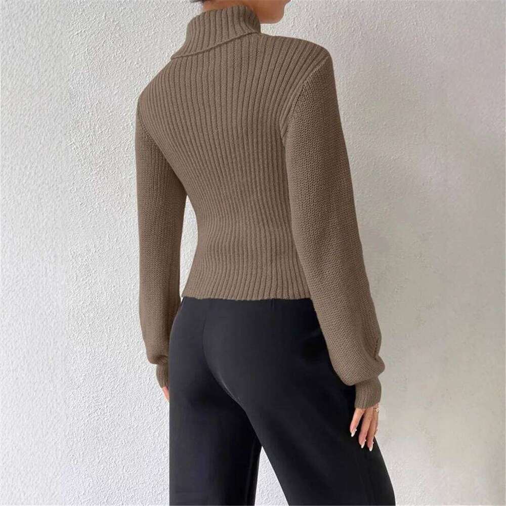 Autumn Women's Turtleneck Design Hollow Solid Color Long Sleeve Warm Pit Strip Fashion Winter Pullover Female Sweater Z260313