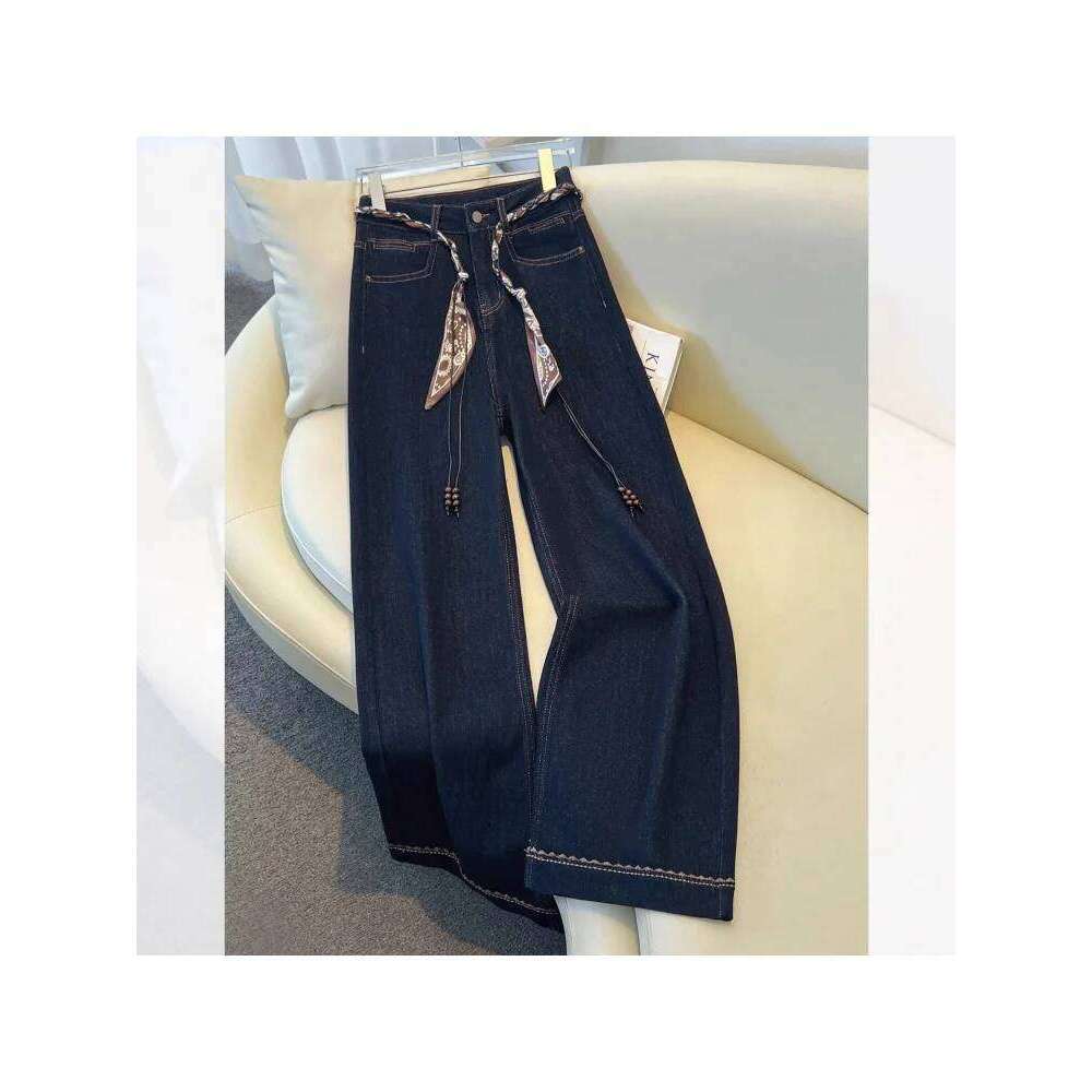 2025 Autumn New Denim Blue Wide Leg Women's Jeans Super Popular Pants with Silk Scarf Belt Fashion Straight Trousers Z260313
