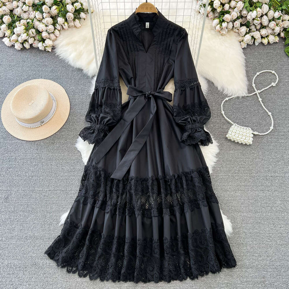 Designer fashion long sleeved V-neck pleated waist slim fit A-line hollow lace dress paired with elegant long skirt