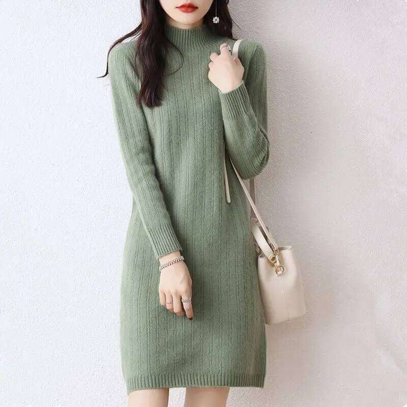 Autumn Winter New Women Solid Half High Collar Temperamen Fashion Long Sleeve Mid-length Straight Loose Knittd Dresses Z260313