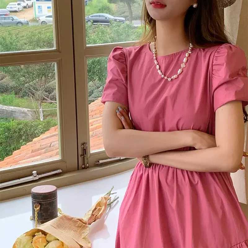 Elegant French Waist-Cinching Pink Dress Womens Summer 2025 New Small Size High-End Sensation Meat Covering Slim Long DressT260314