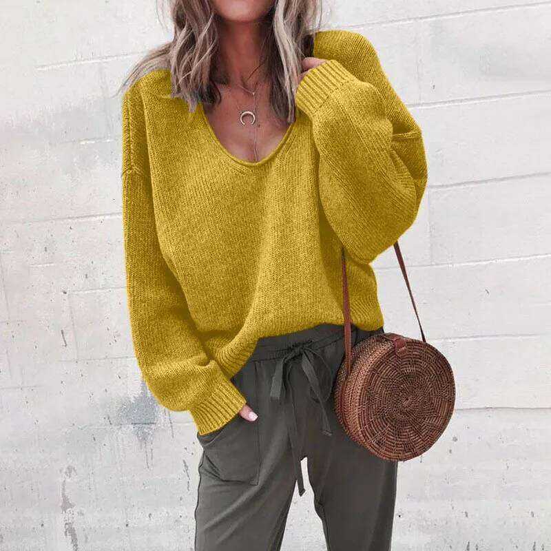 Sexy Solid Deep V Neck Sweater For Women Elegant Loose Long Sleeved Knitted Pullover 2024 Autumn Winter Fashion New Casual Lady Z260313