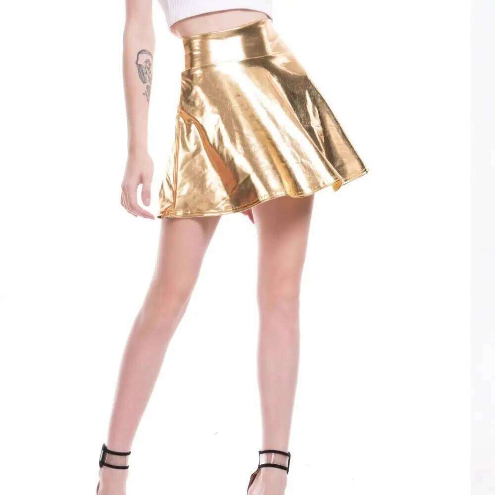 Elegant Metallic Pleated Gold Silver Retro A-line Elastic Flared Design Girls Short Mini Skirt Daily Wear Z260314