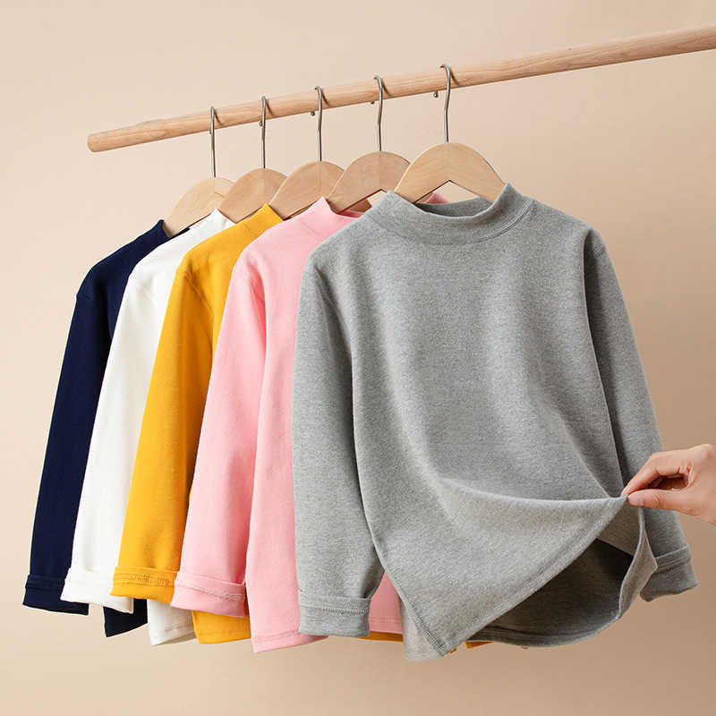 T-shirts Children's Half Turtleneck Pure Cotton Base Shirt Fleece-Lined Boys Girls Sweatshirt Thickened Warm Baby Top Inner Wear Autumn Winter