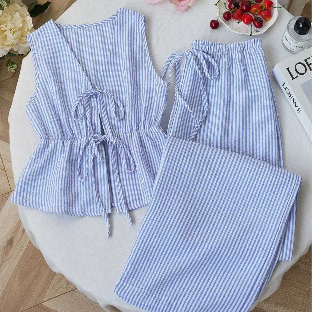Striped New Two Piece Set Summer V Neck Lace Up Sleeveless Blouse High Waist Wide Leg Pants Sets Casual Solid Women Sets M260313