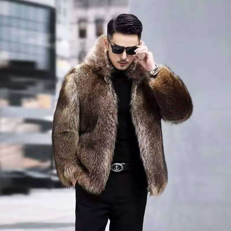 Men Autumn Winter Raccoon Light Luxury Hooded Fur Fashion Thickened Business Casual Coat Comfortable Warm Soft Z260313