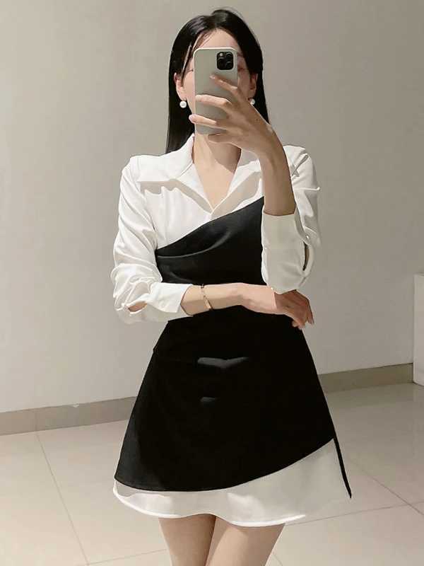 Design Sensation ort Splice Womens Dr Slimming High Waist Korean Sle Commute Long Sve irt Collar Ci WearT260314