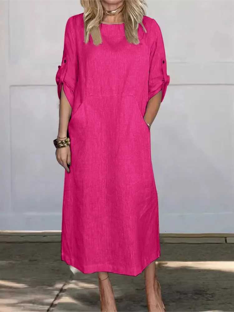 New Womens Clothing 2024 Summer Loose Casual Solid Color Short Sleeved Cotton Linen Fashionable Button With Pocket DressT260314