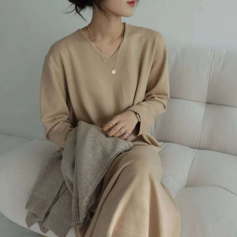 Autumn Winter Casual Loose Women's Knitted Dresses 2025 New Long Sleeve V-neck Elegant Koream Knitting Dress Female Z260313