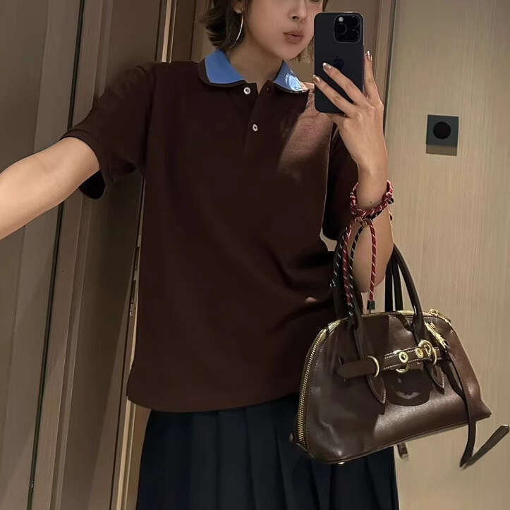 2026 Spring and Summer New Color blocked a24 Double layered Collar Simple Solid Color Loose Multi functional Women's Short sleeved T-shirt