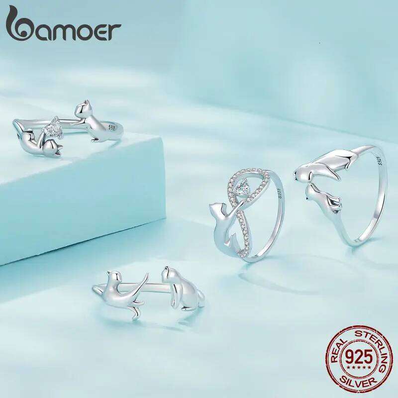 Bamoer 925 Sterling Silver Cute Cat Finger Infinite Symbol Ring for Women Birthday Gift Pave Setting CZ Fine Jewelry SCR918 H260312