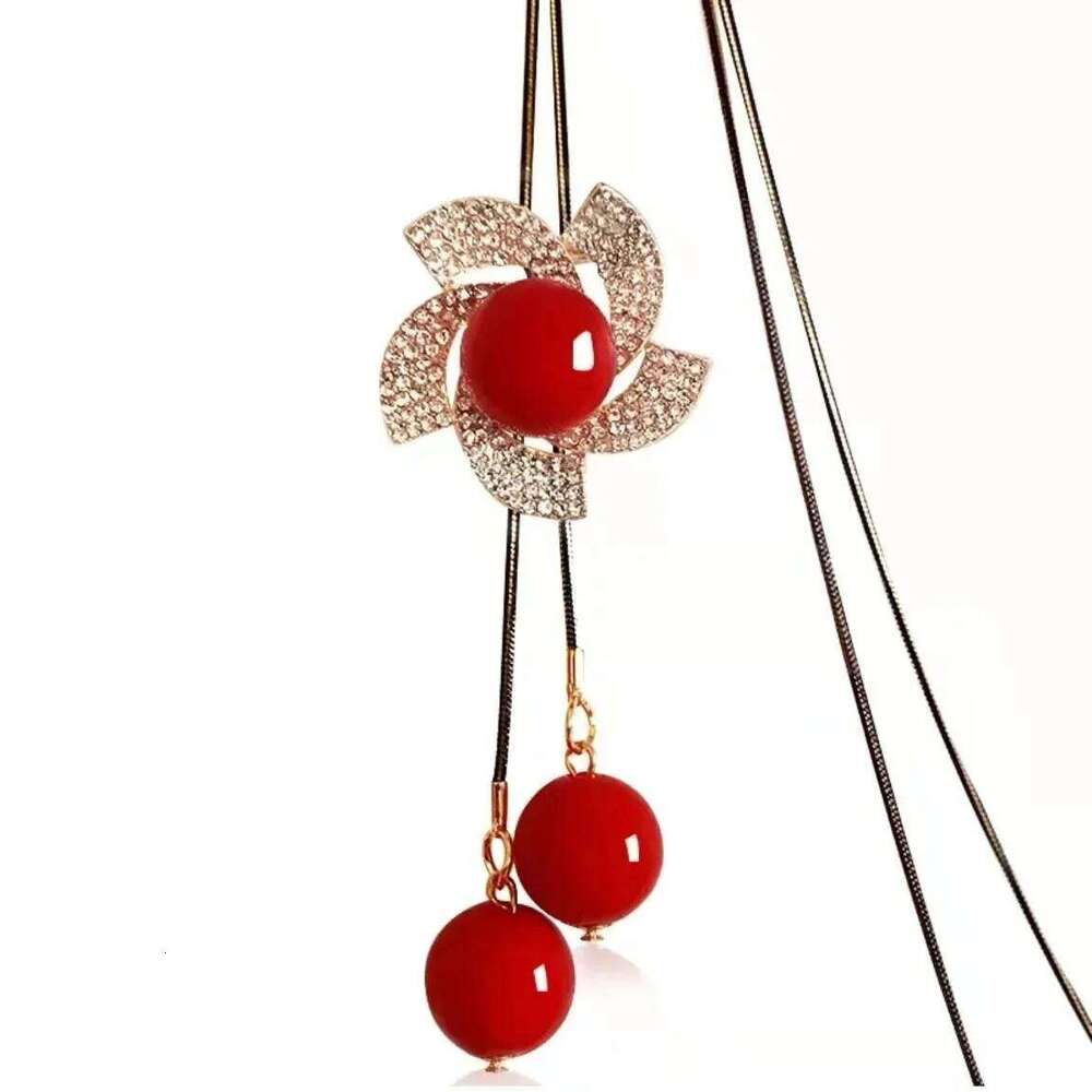 Fashion Red Pearl Flower Long Chain Sweater Necklaces & Pendants for Women Rhinestone Moon Pendant Necklace Female Jewelry H260312