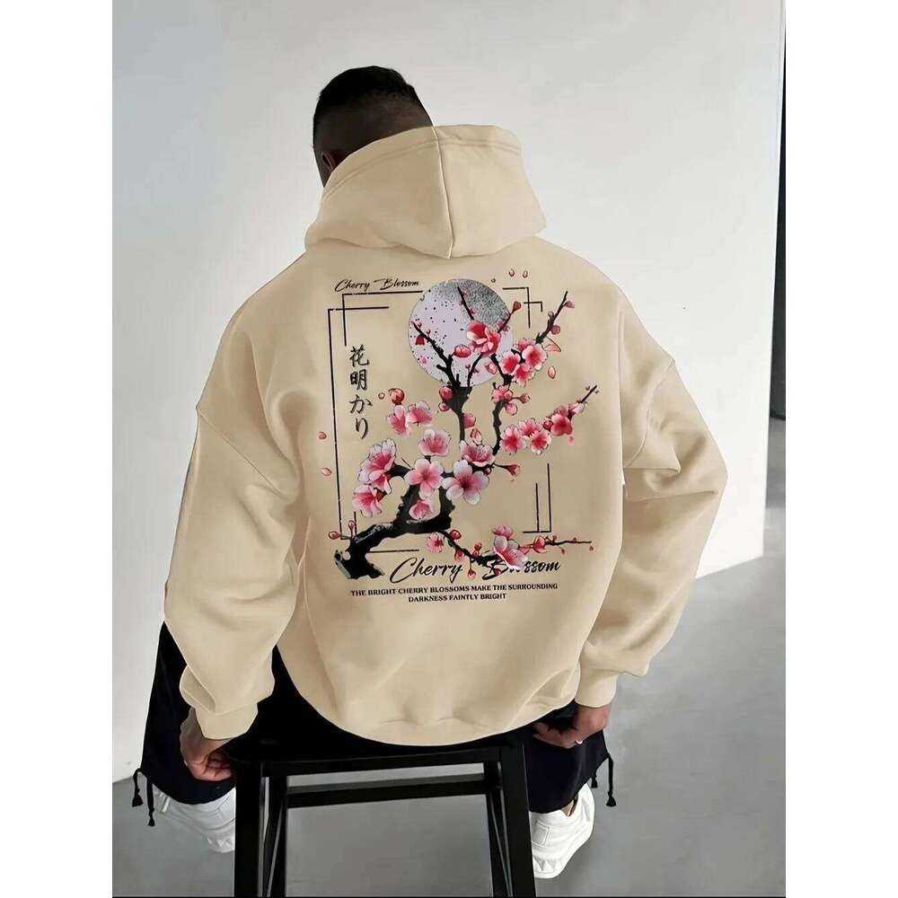 Men's fashionable clothing Cherry blossom and moon phase print pattern Comfortable hooded sweatshirt - Outdoor casual wear Z260314
