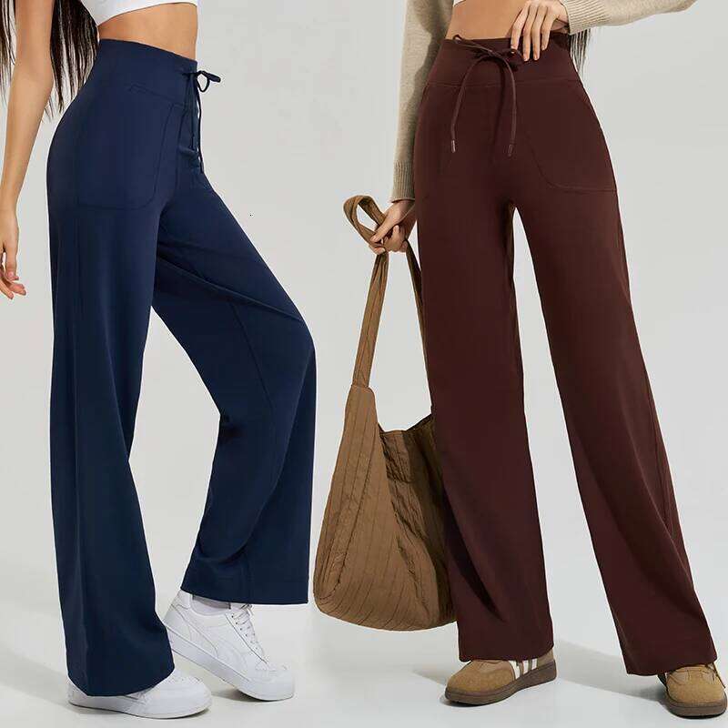 Women's High Waist Gym Loose Running Yoga Double Side Brushed with Pockets Pants Ties 26Y0313