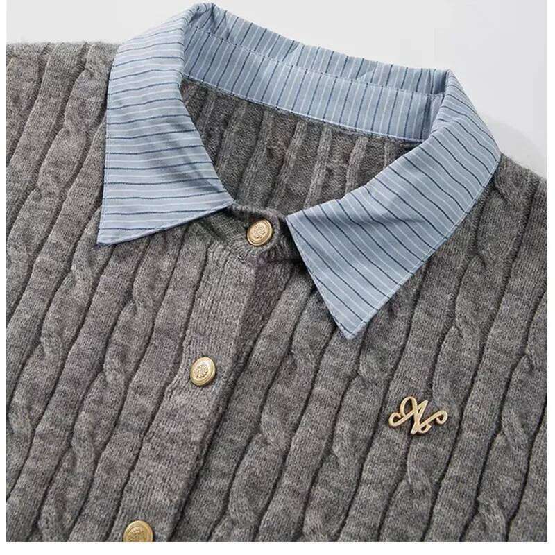 Grey Fake two-piece spliced Polo collar Long sleeved Knitted Sweater For women Autumn Winter College style Short Outwear Top Z260313